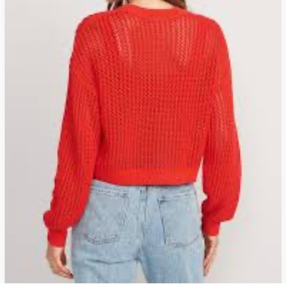 ❤️2/$30❤️M]Old Navy Long Sleeve Cropped Crochet Red Open Knit Sweater 100 Cotton - Picture 2 of 11